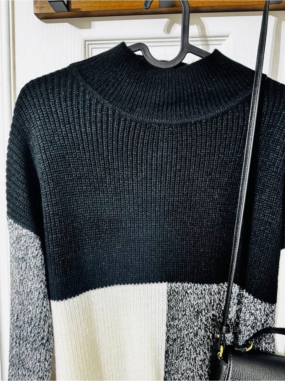 cleo Black, White & Gray Colorblock Mock Neck Sweater